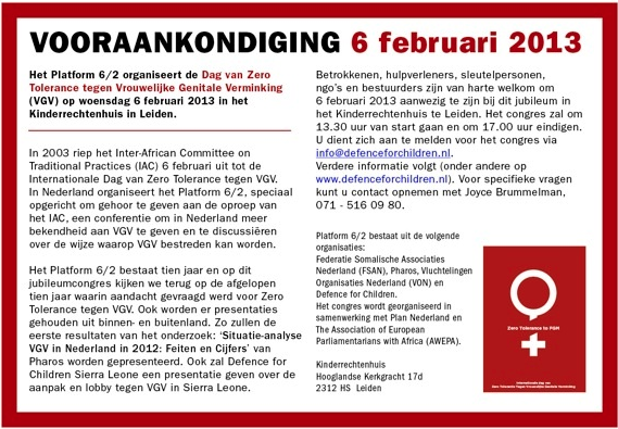 Vooraankondiging: 6 februari - Dag van Zero Tolerance tegen Vrouwelijke Genitale Verminking