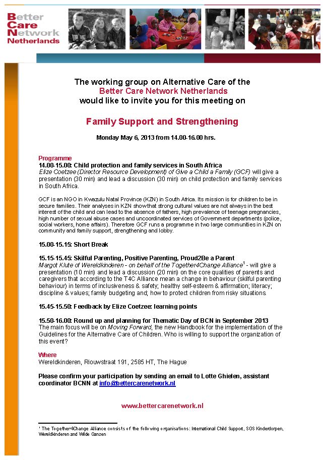Bijeenkomst BCNN over Family Support & Strengthening - 6 mei aanstaande