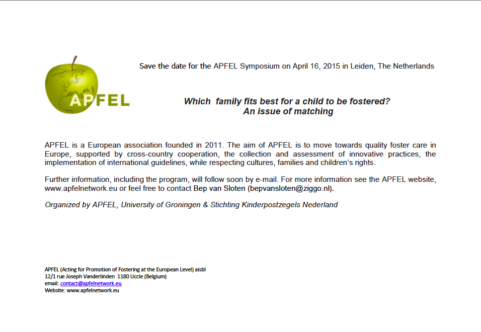 Vooraankondiging bijeenkomst 16 april in Leiden: Which family fits best for a child to be fostered? 