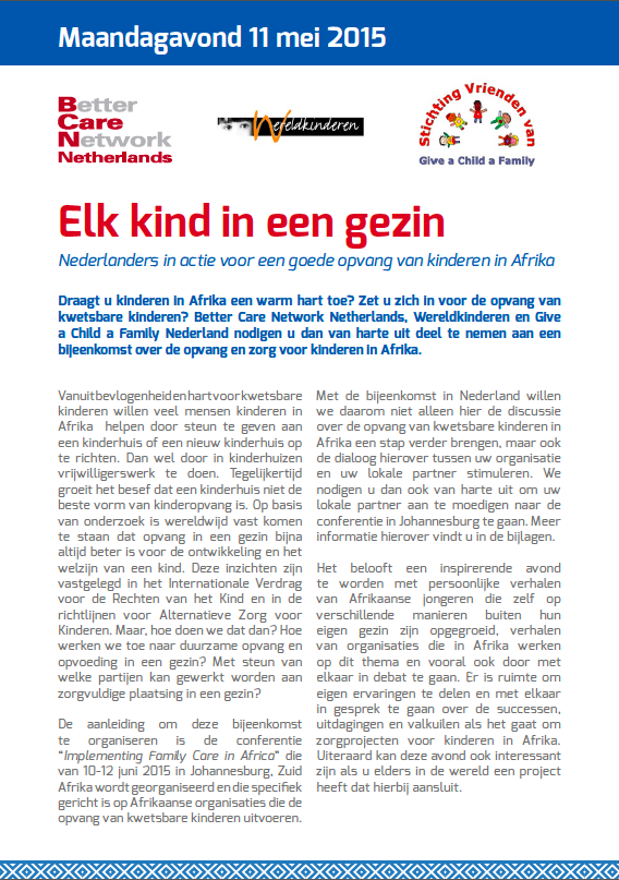 Opgeven kan nog!! Bijeenkomst Better Care Network NL op 11 mei: Elk kind in een gezin